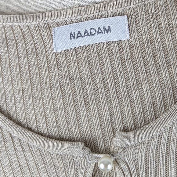 NAADAM Cardigan Faux Pearl Button Front Short Sleeve Silk Cashmere Linen M NWOT - Picture 12 of 12